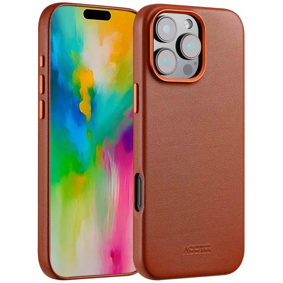 Twee bruine telefoonhoesjes. Eén toont het scherm met een kleurrijke achtergrond. De andere toont de achterkant met camera en merknaam.