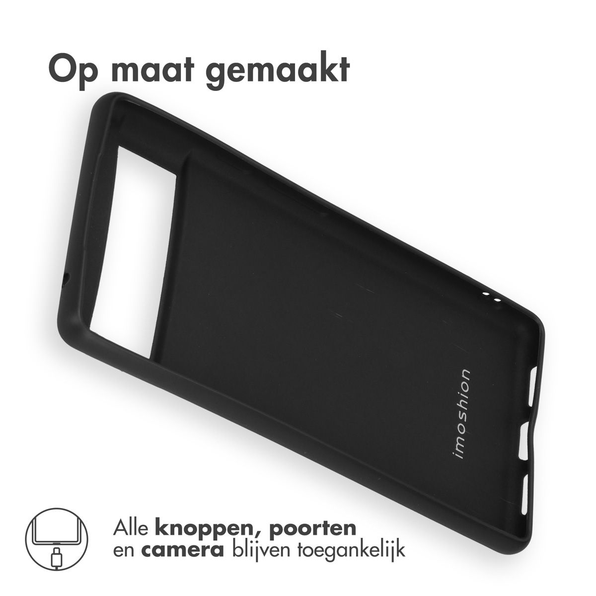 Eine schwarze Handyhülle liegt auf weißem Untergrund. Text: 'Op maat gemaakt' und 'Alle knoppen, poorten en camera blijven toegankelijk'.