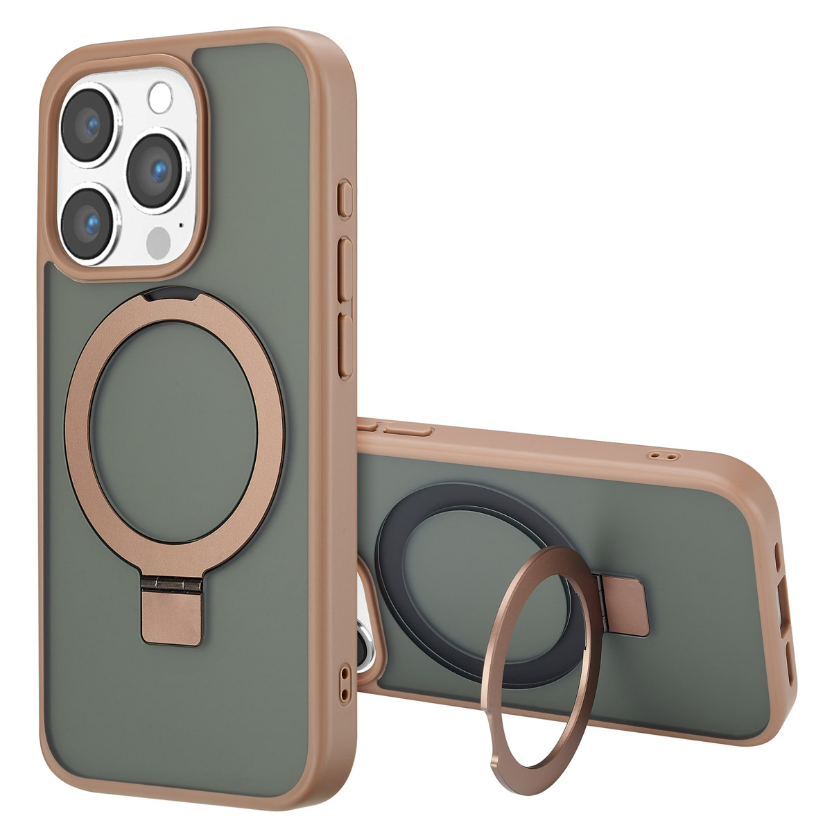 Twee telefoonhoesjes, één rechtop, één liggend. Beide hebben een groene achterkant, een bruin frame en een ringvormige houder.