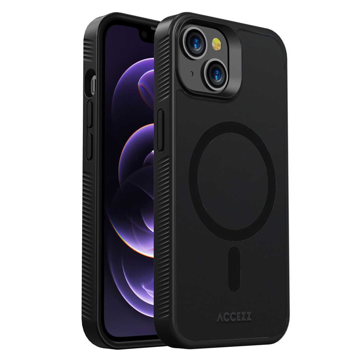 Coque de téléphone noire avec un téléphone à l'intérieur. L'étui a un anneau magnétique à l'arrière. L'écran affiche un motif violet.