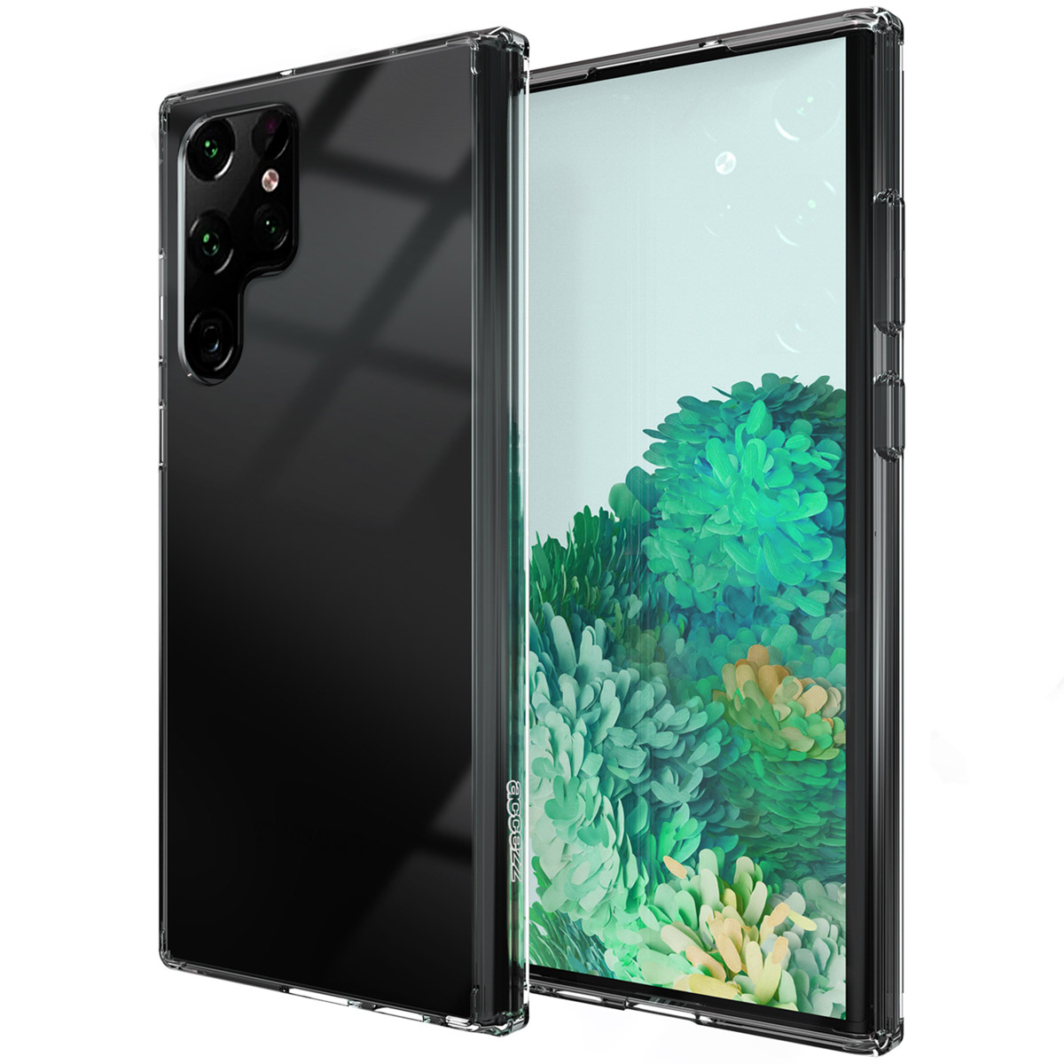 Une coque de téléphone transparente à côté d'un smartphone. L'écran affiche un art floral vert et blanc.