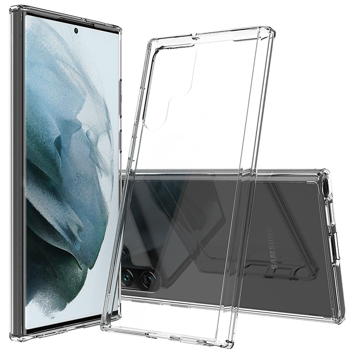 Trois coques de téléphone transparentes : une contenant un téléphone avec écran bleu, deux coques vides inclinées. Logo Samsung visible.