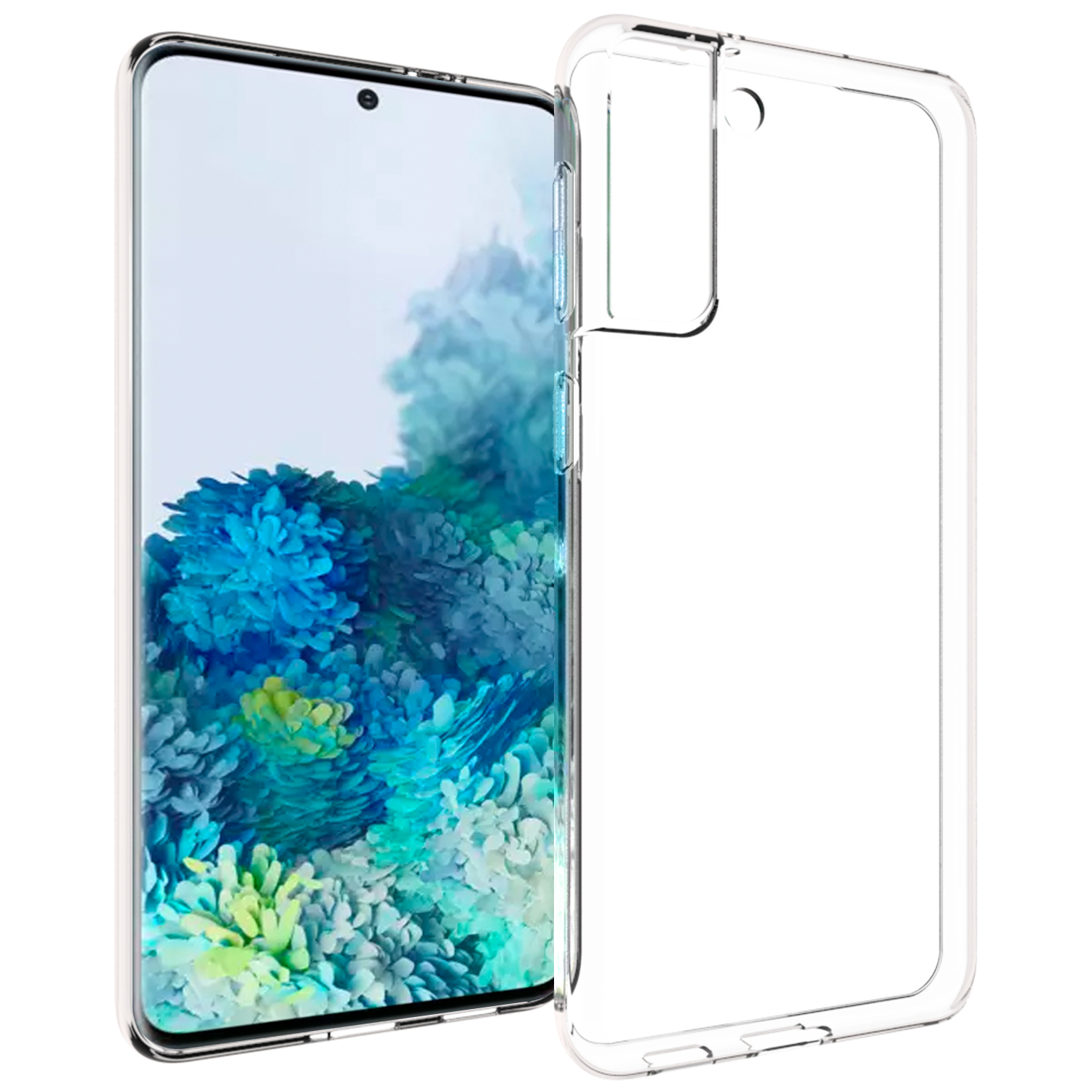 Een smartphone met een scherm met een blauw en groen bloemenpatroon. Een transparante telefoonhoes aan de rechterkant.