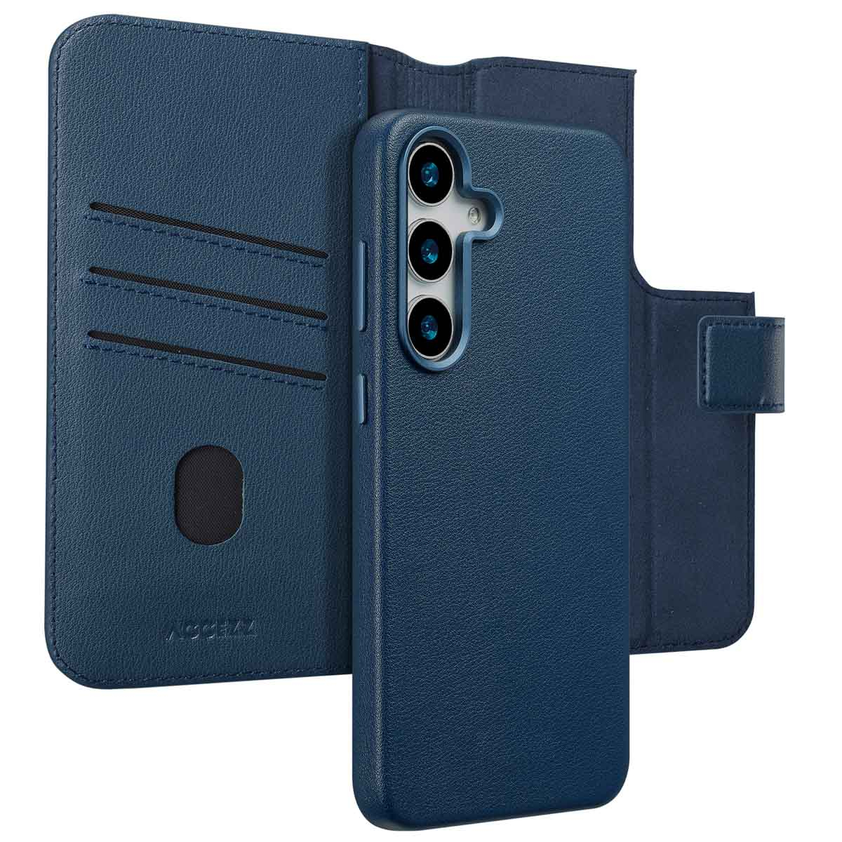Un étui de téléphone bleu avec un design portefeuille. Il comprend des fentes pour cartes, un support de téléphone et une fermeture magnétique.