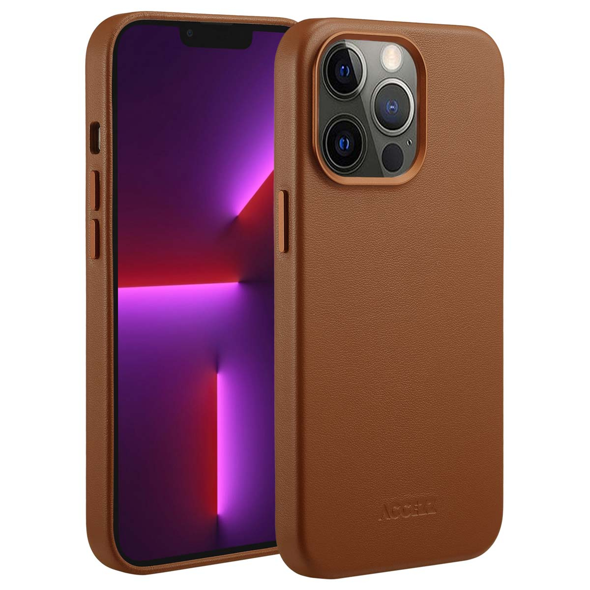 Un étui de téléphone en cuir marron est affiché, avec un téléphone à l'intérieur. L'écran affiche une lumière rose et violette.