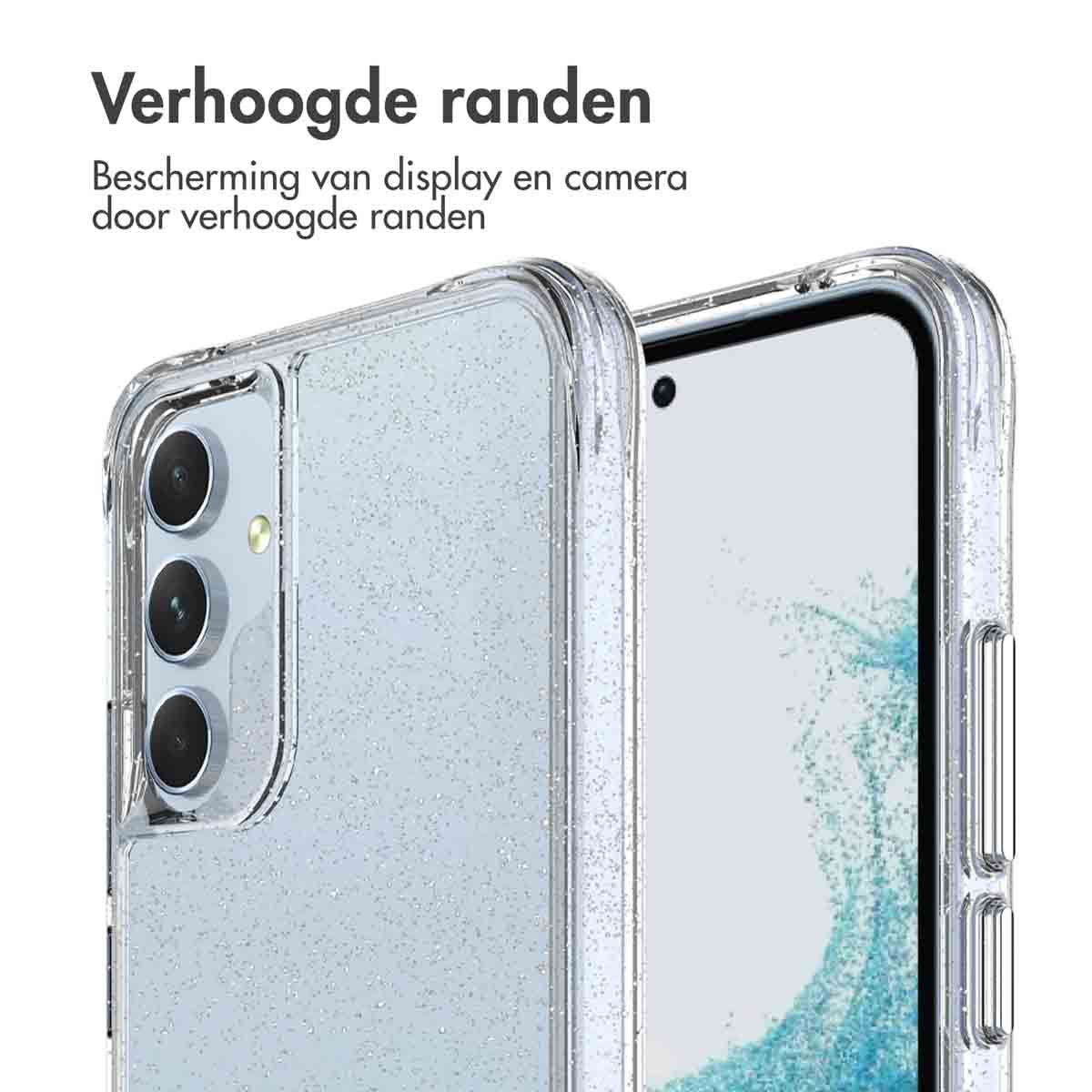 Una custodia per telefono con un telefono all'interno. La custodia è trasparente e glitterata. Lo schermo del telefono è visibile e la custodia ha bordi rialzati.