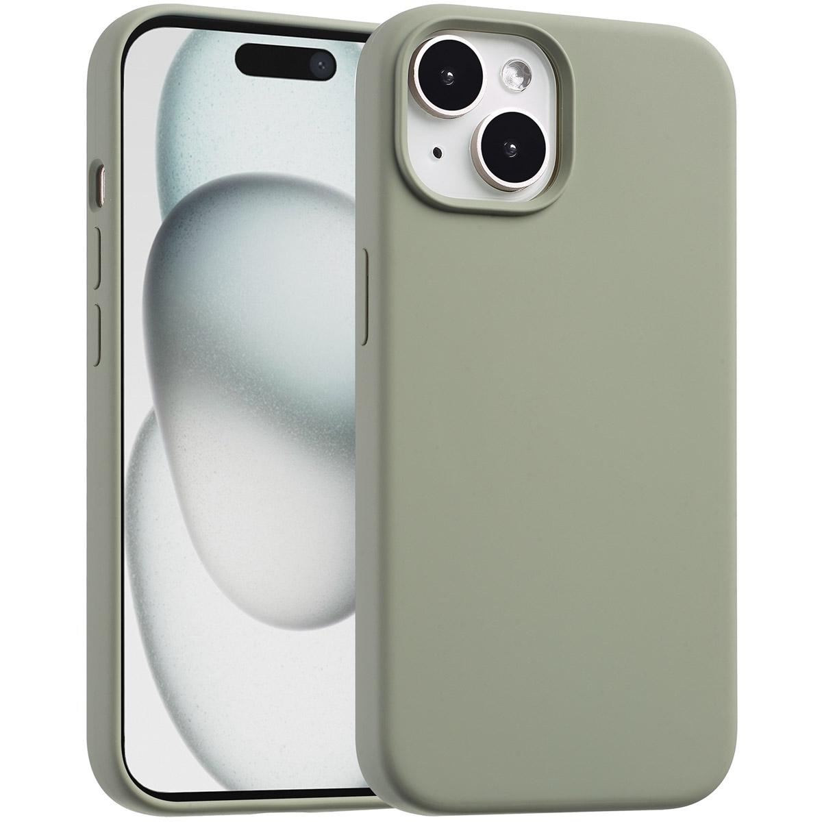 Twee groene telefoonhoesjes. Eén vooraan, de ander achter, een telefoon. De voorste hoes heeft uitsparingen voor de camera en knoppen.