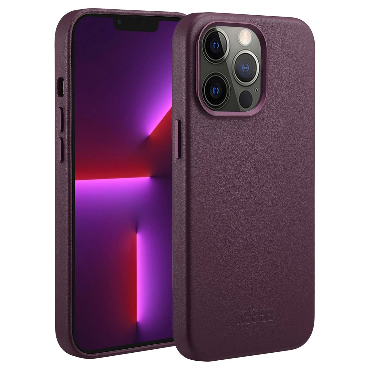 Coque de téléphone rouge foncé avec téléphone. L'écran affiche une lumière violette et rouge. La coque a une surface texturée.