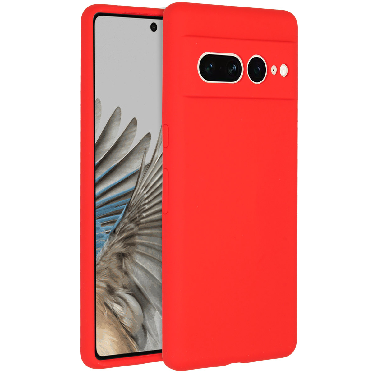 Una custodia rossa copre parzialmente un telefono che mostra l'immagine di un'ala di uccello. Il telefono ha un modulo fotocamera.