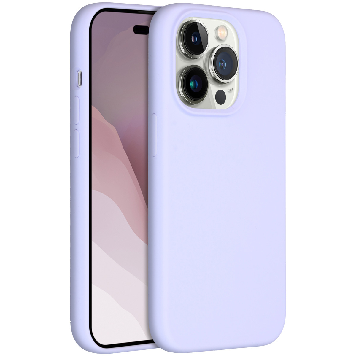 Een lavendelkleurige iPhone 14 Pro met een bijpassend hoesje. De telefoon staat voor het hoesje en toont het scherm met een lichtroze achtergrond.