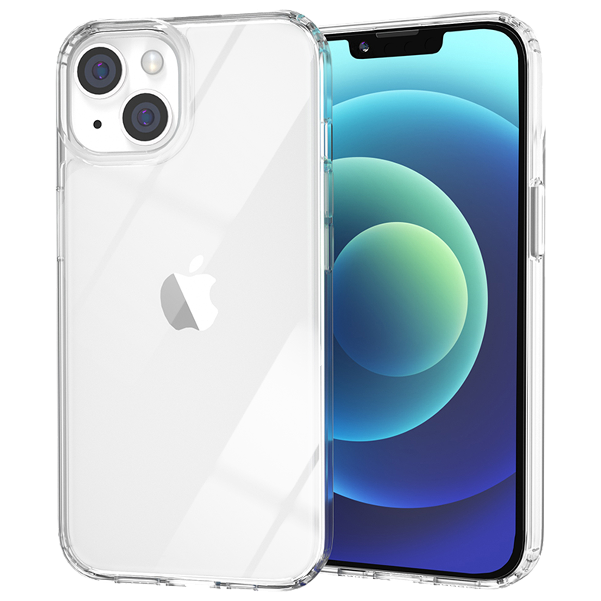 Transparante telefoonhoes op een telefoon. De telefoon heeft een blauw scherm. De hoes heeft camera-uitsparingen en een Apple-logo.