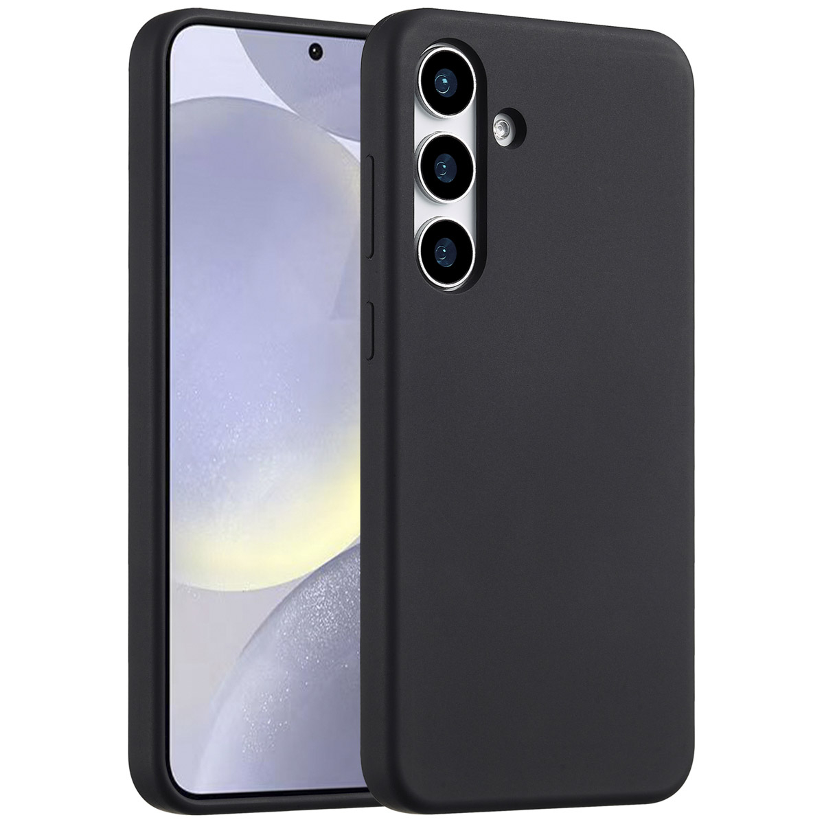 Een zwarte telefoonhoes naast een smartphone met scherm. De hoes heeft drie cameralenzen en een flitser.
