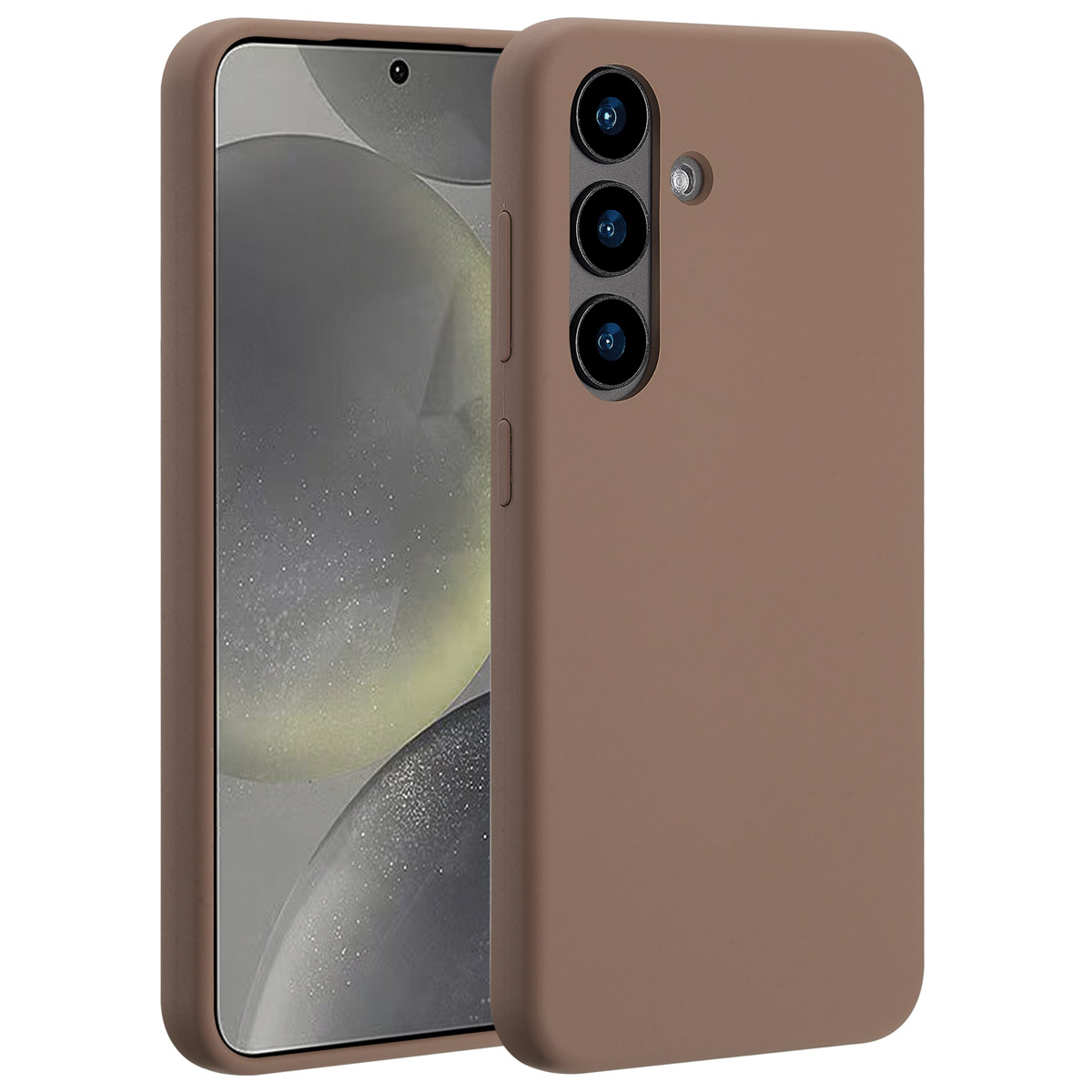 Une coque de téléphone marron avec un téléphone à l'intérieur. La coque a des trous pour la caméra et des boutons latéraux, et l'écran du téléphone est visible.