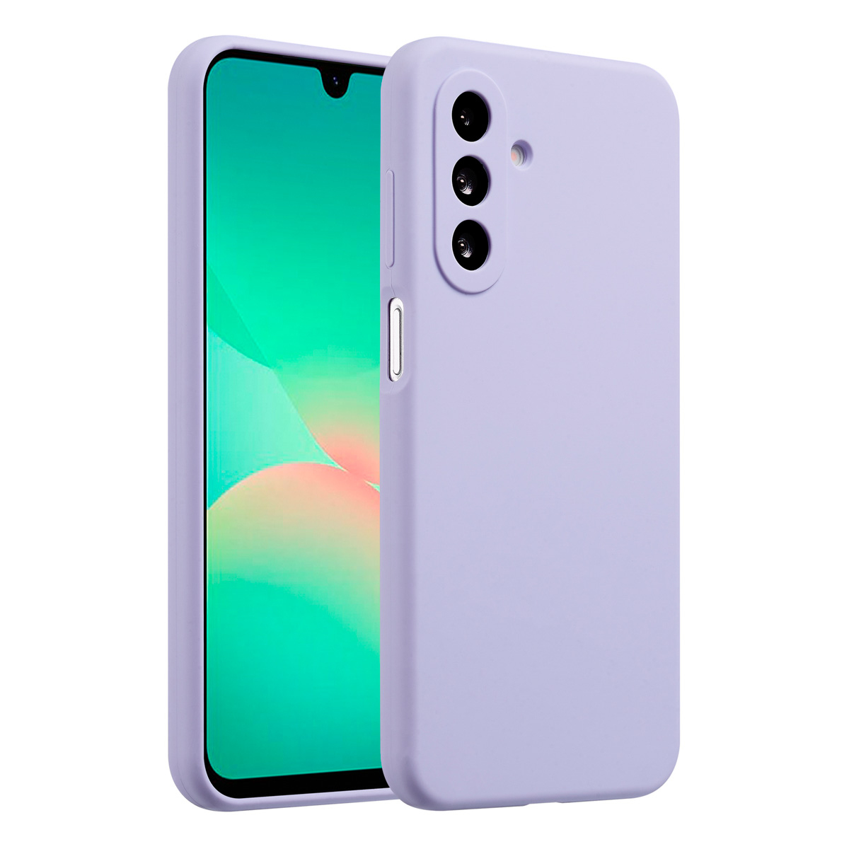 Een lavendelkleurige telefoonhoes naast een telefoon met een groen scherm. De hoes heeft drie cameragaten en een zijknop.