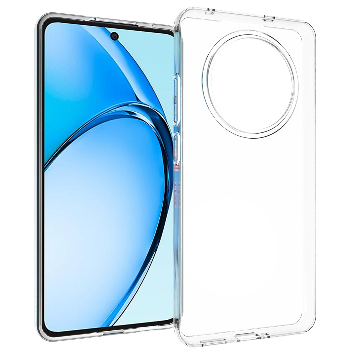 Uno smartphone con schermo blu è accanto a una custodia trasparente, che mostra i dettagli del telefono. La custodia è vuota.