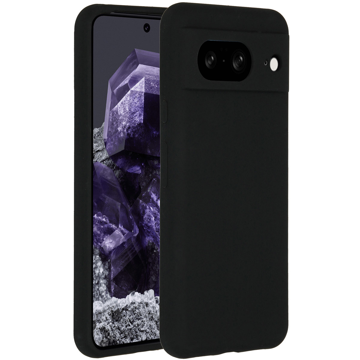 Un étui de téléphone noir ouvert sur le côté, montrant un écran de téléphone avec une image de cristal violet. L'étui est sur fond blanc.