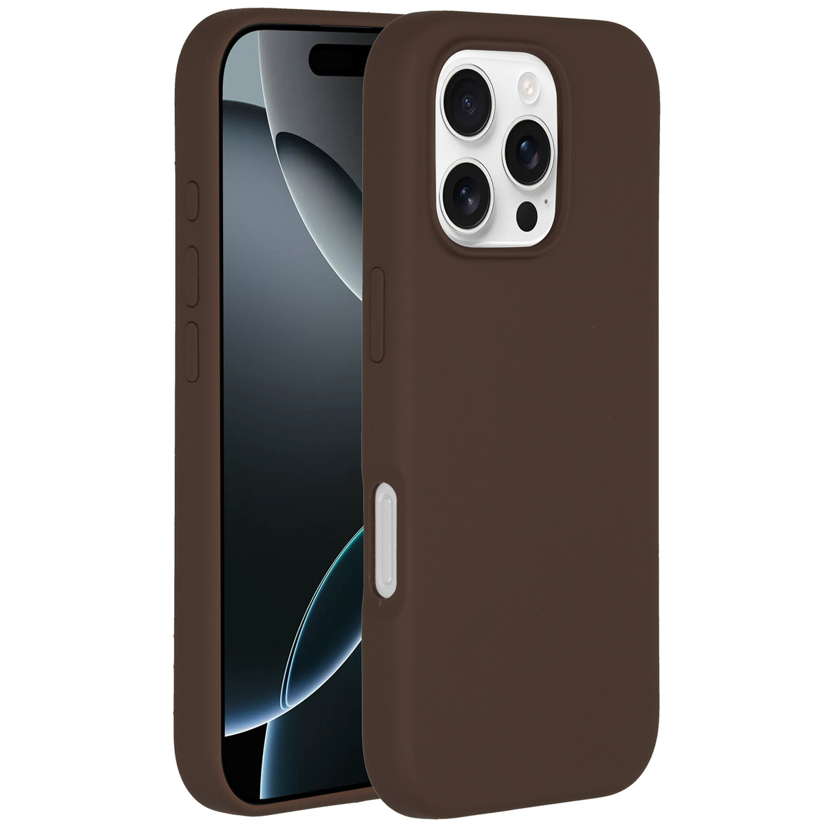 Een bruine telefoonhoes met een telefoon erin. De hoes heeft openingen voor de camera en knoppen.