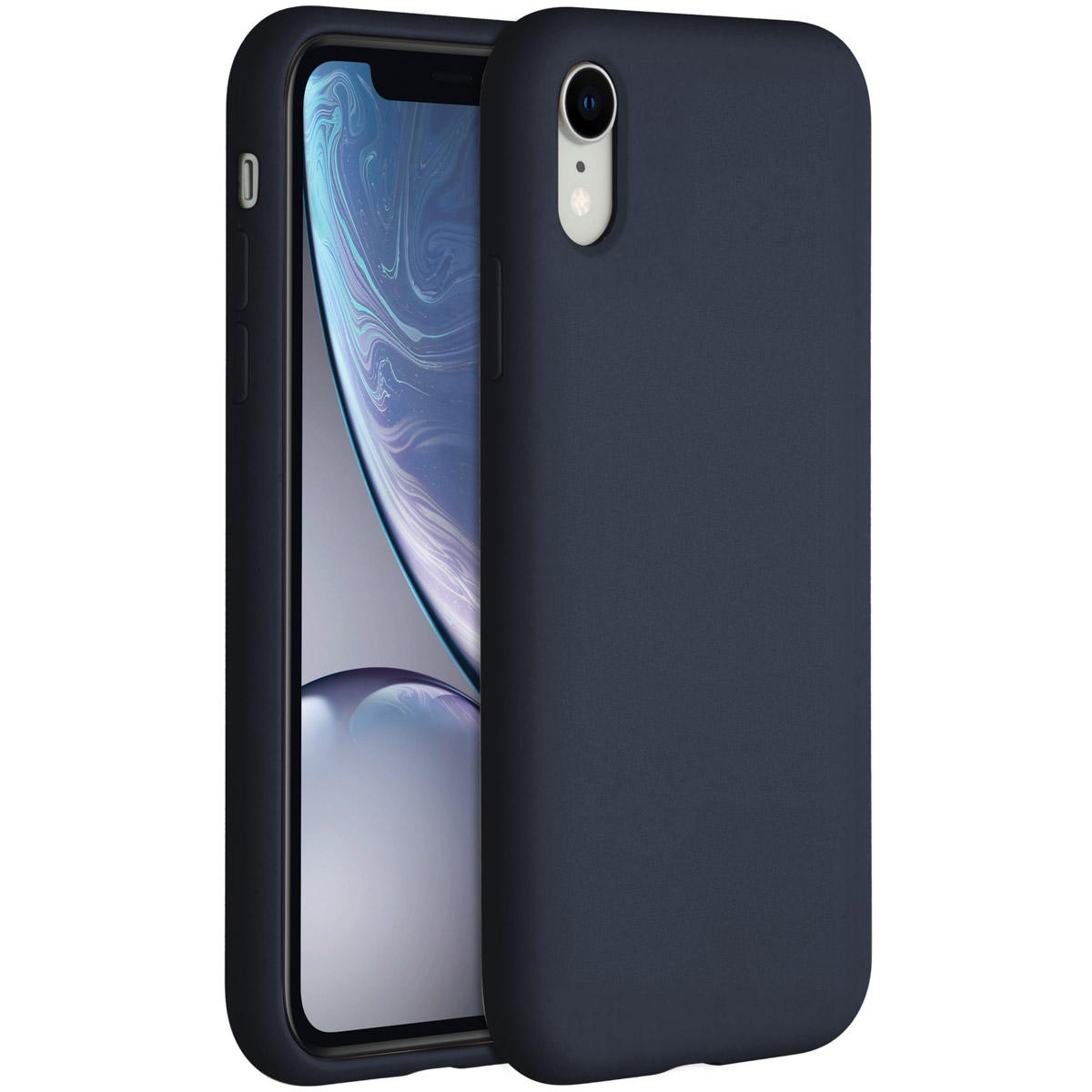 Een donkerblauwe telefoonhoes naast een smartphone. De hoes is iets open en onthult het scherm van de telefoon. Witte achtergrond.