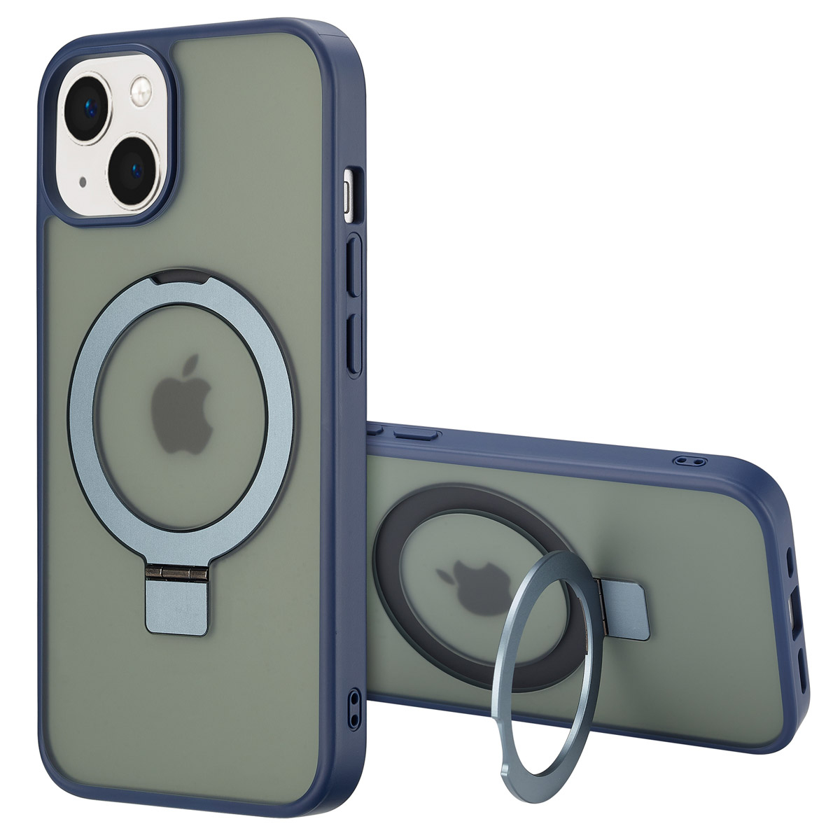 Twee iPhone-hoesjes met ringhouders. Eén staat rechtop, de andere ligt plat. Beide zijn blauw en groen met Apple-logo's.