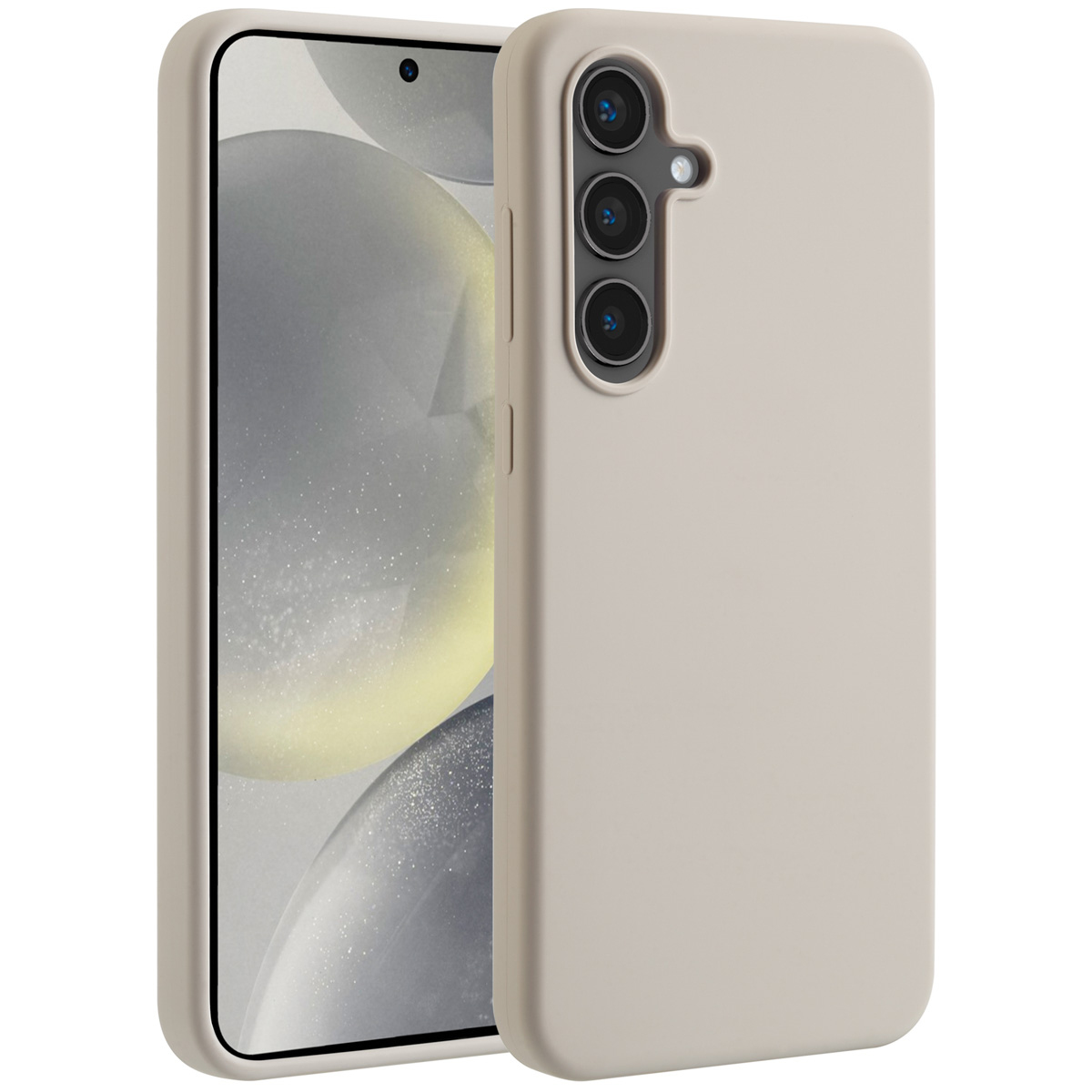 Smartphone beige avec étui, montrant l'arrière avec trois lentilles de caméra. L'écran affiche une image floue.