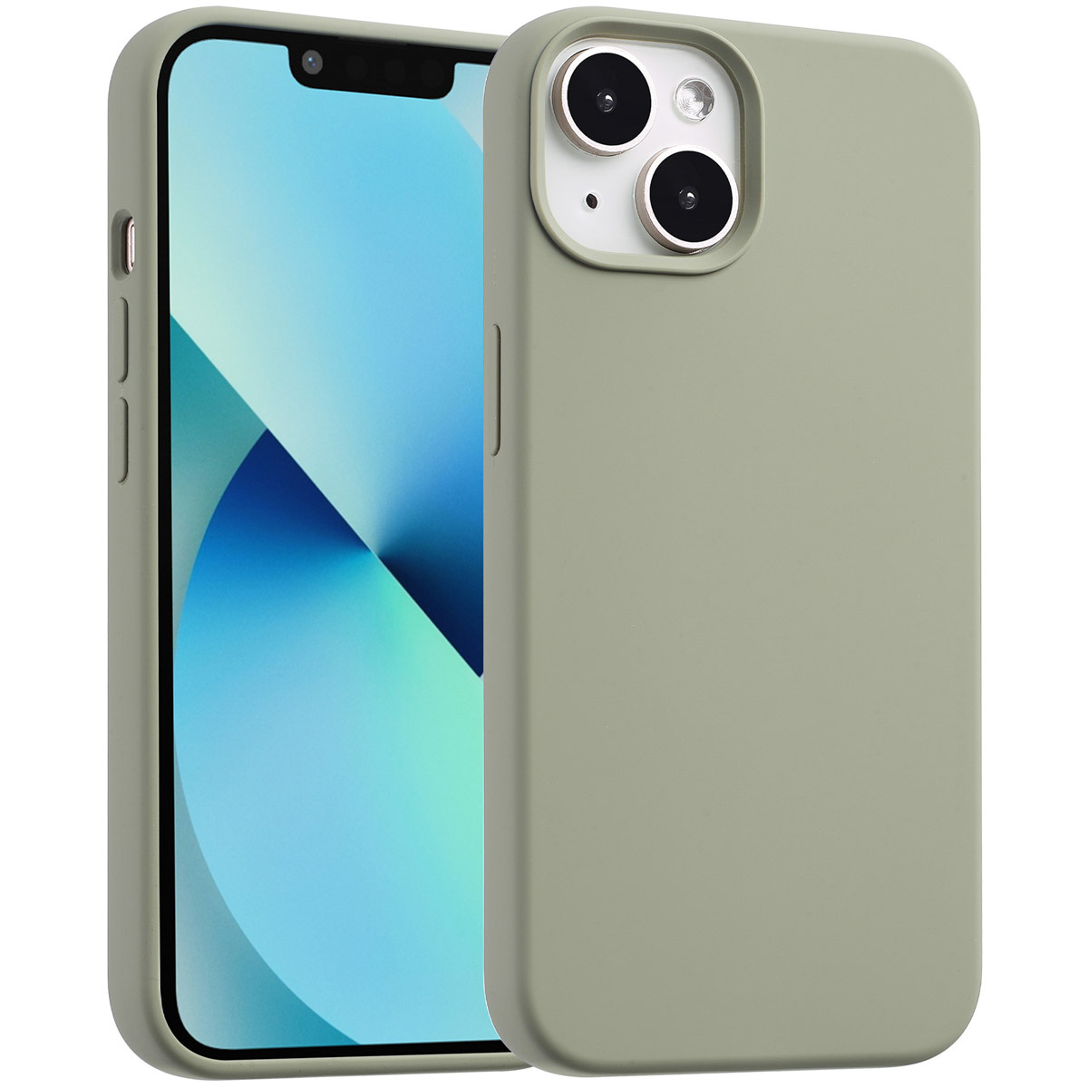 Een iPhone met een groene hoes wordt getoond, met het scherm van de telefoon en het ontwerp van de beschermhoes.
