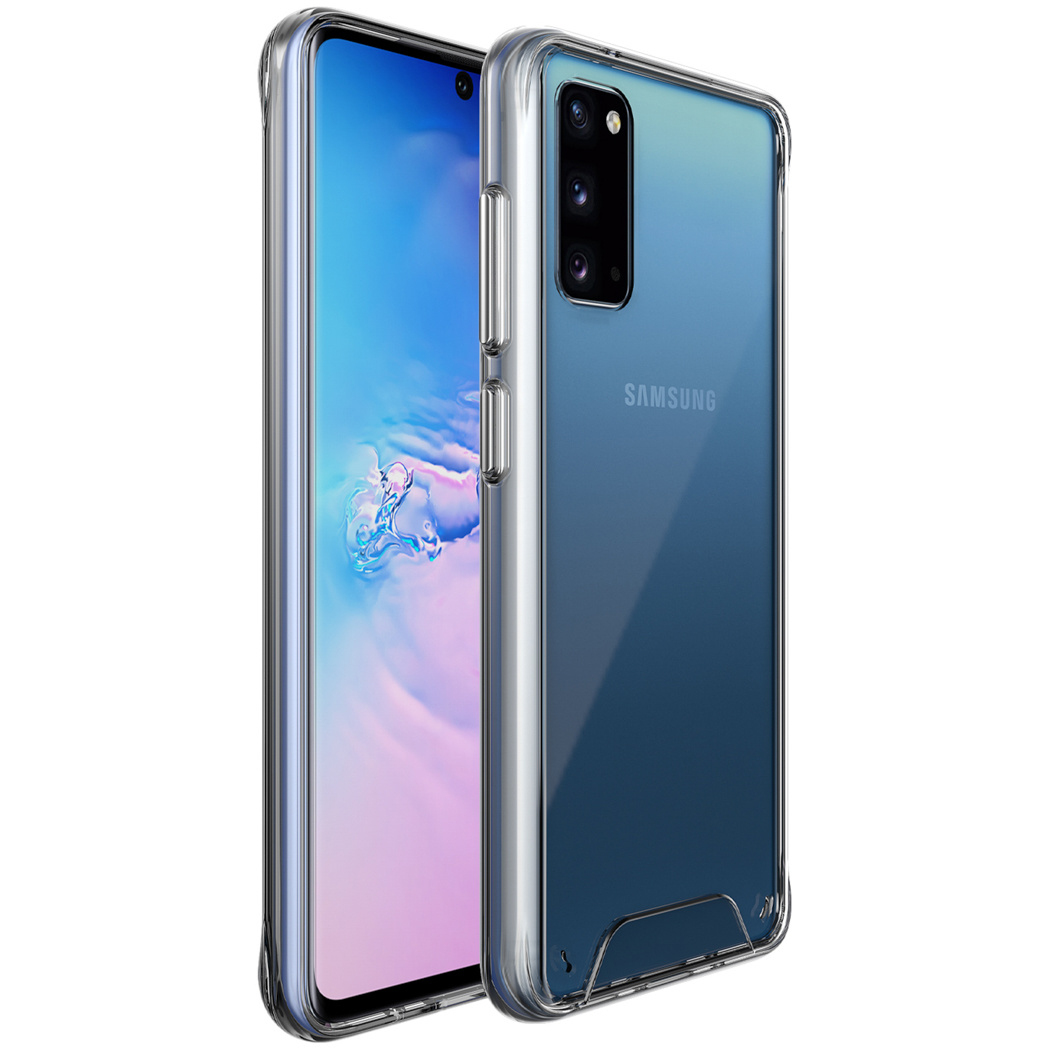 Deux coques de téléphone transparentes, une avec un téléphone bleu à l'intérieur. Les coques ont un design protecteur. Le logo Samsung est visible.
