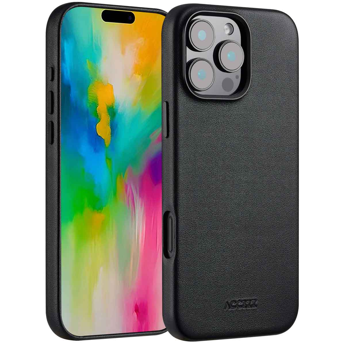 Deux iPhones noirs, un avec un écran coloré, l'autre dans un étui noir avec des lentilles de caméra. L'étui a une surface texturée.