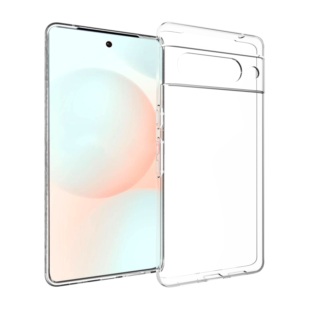 Une coque de téléphone transparente à côté d'un téléphone avec un écran montrant un fond rose et blanc. Le boîtier et le téléphone sont sur une surface blanche.