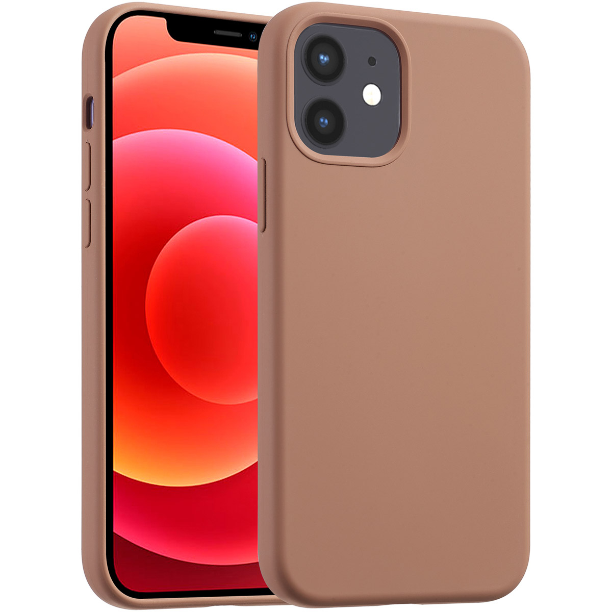 Een telefoon in een bruine hoes met een rood en oranje scherm. De hoes ligt naast de telefoon.