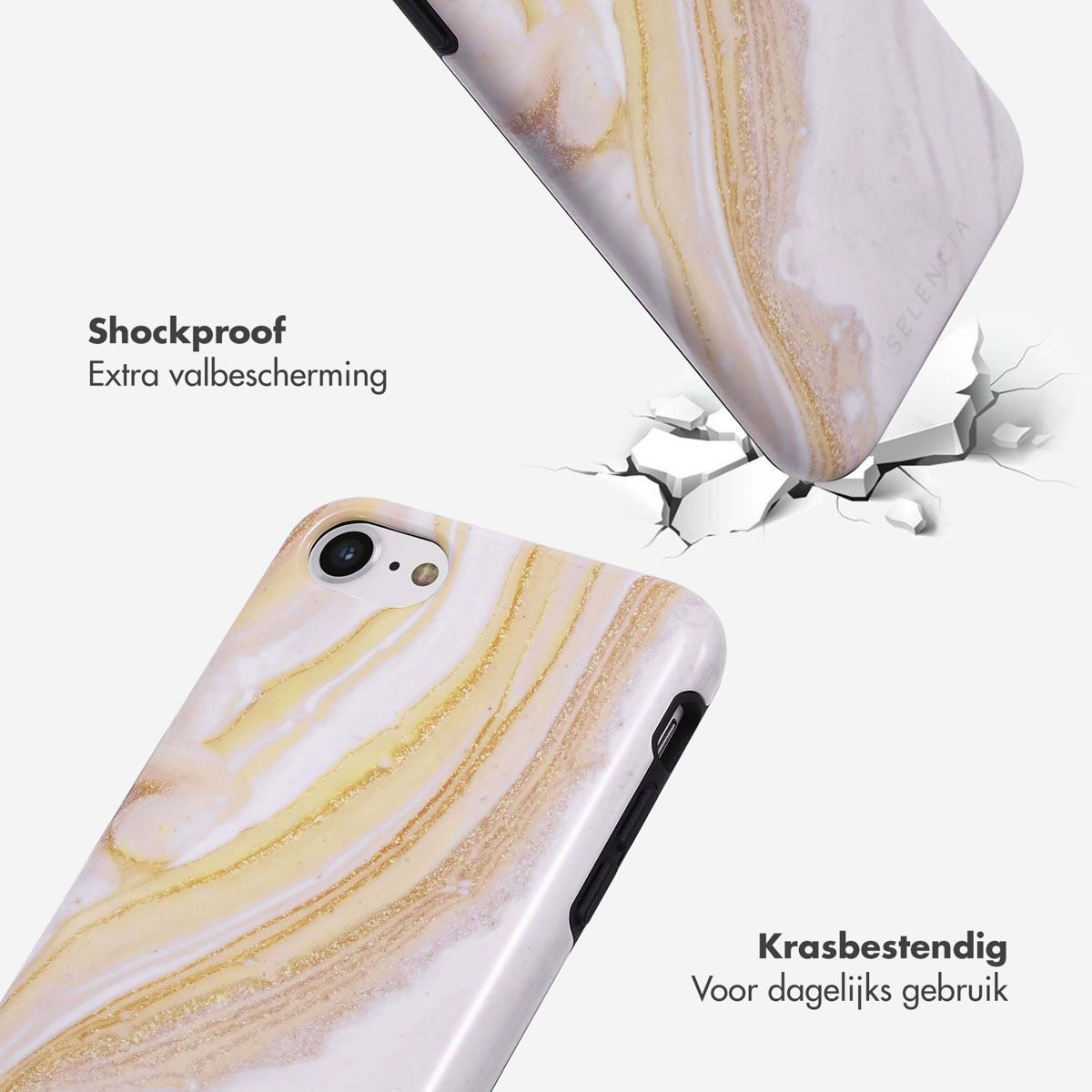 Twee telefoonhoesjes met marmerdesign. Eén valt en barst het oppervlak. Tekst: Schokbestendig en Krasbestendig.