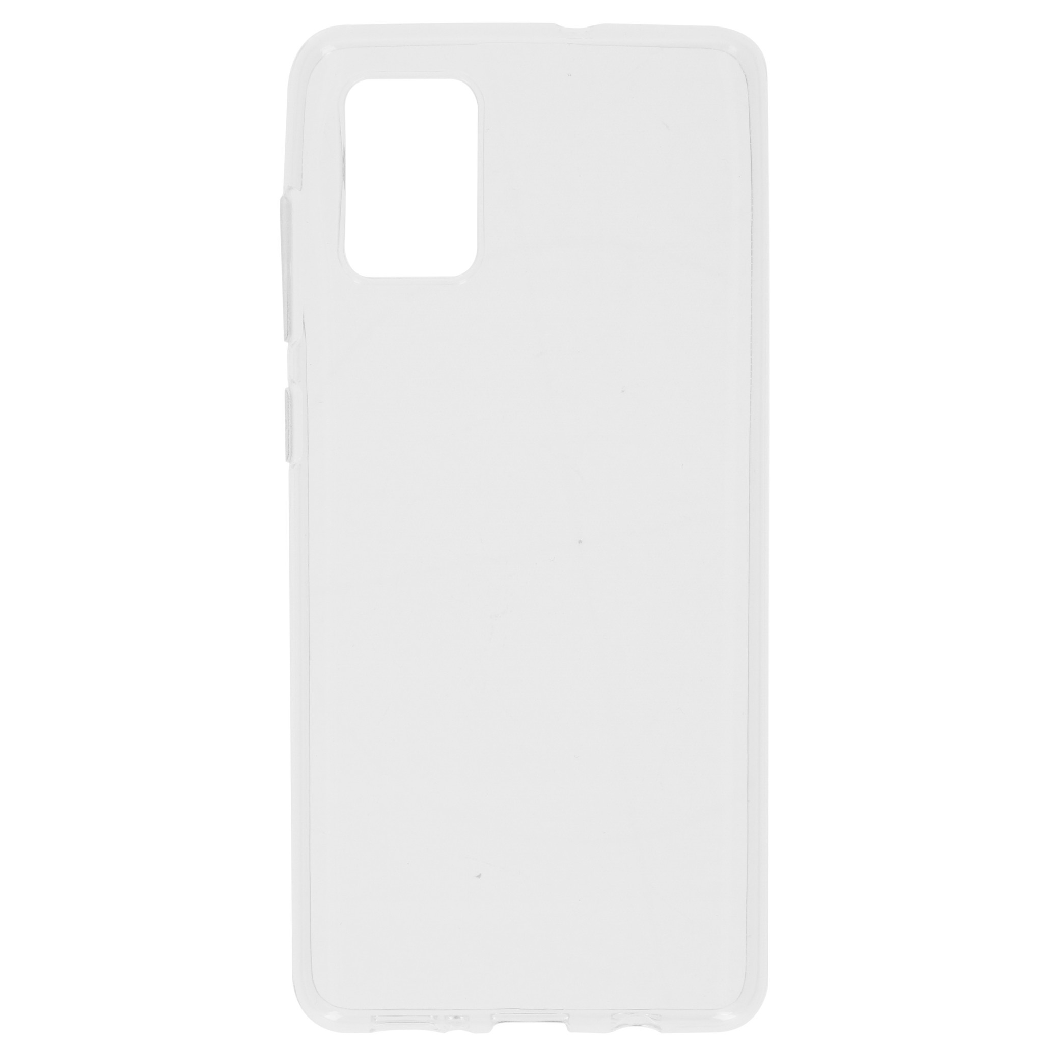 Une coque de téléphone transparente. Elle a une découpe pour l'appareil photo et des empreintes de boutons. Le fond est blanc.