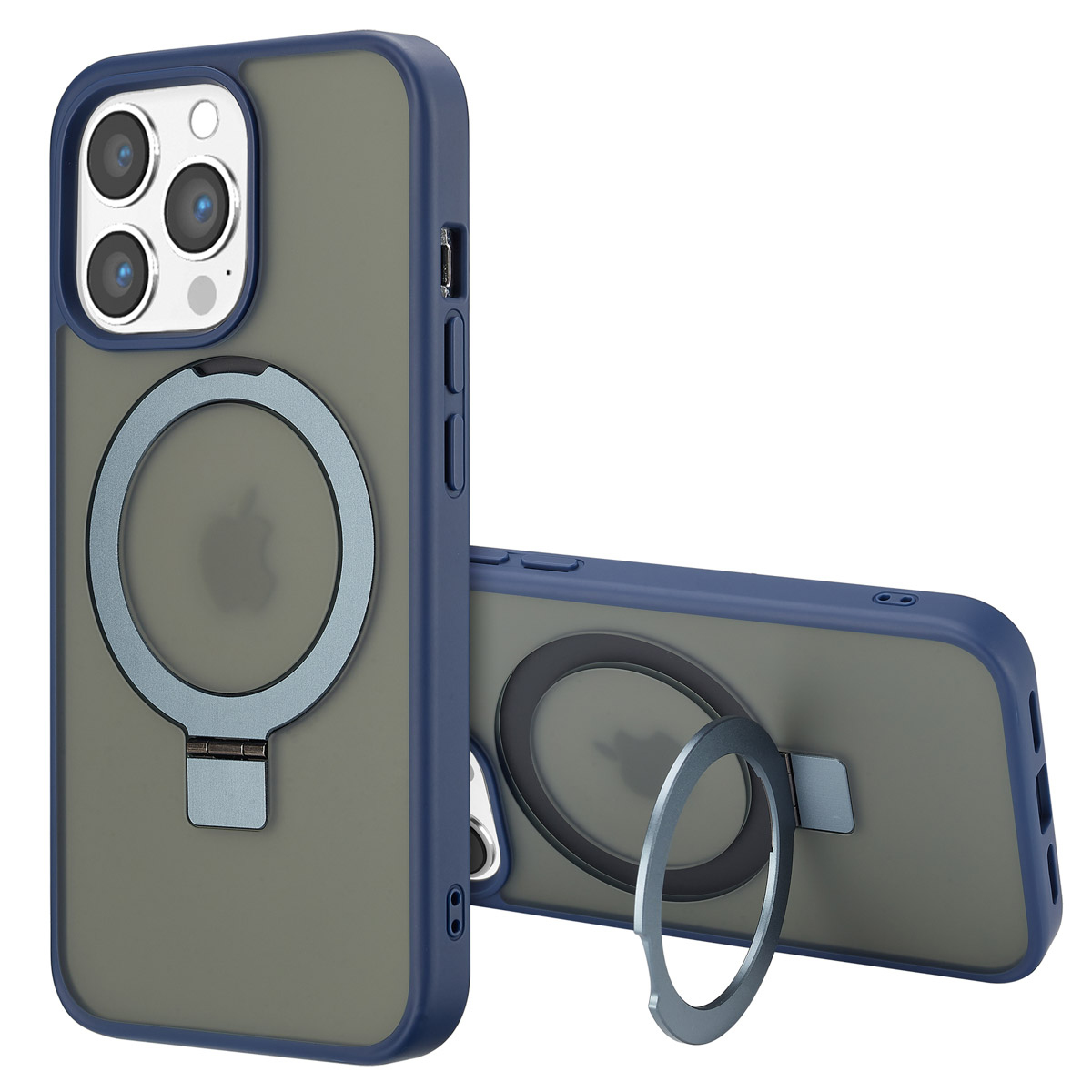 Deux coques de téléphone, bleues et grises, avec supports de bague. L'une est verticale, l'autre est à plat. Logo Apple visible au dos.