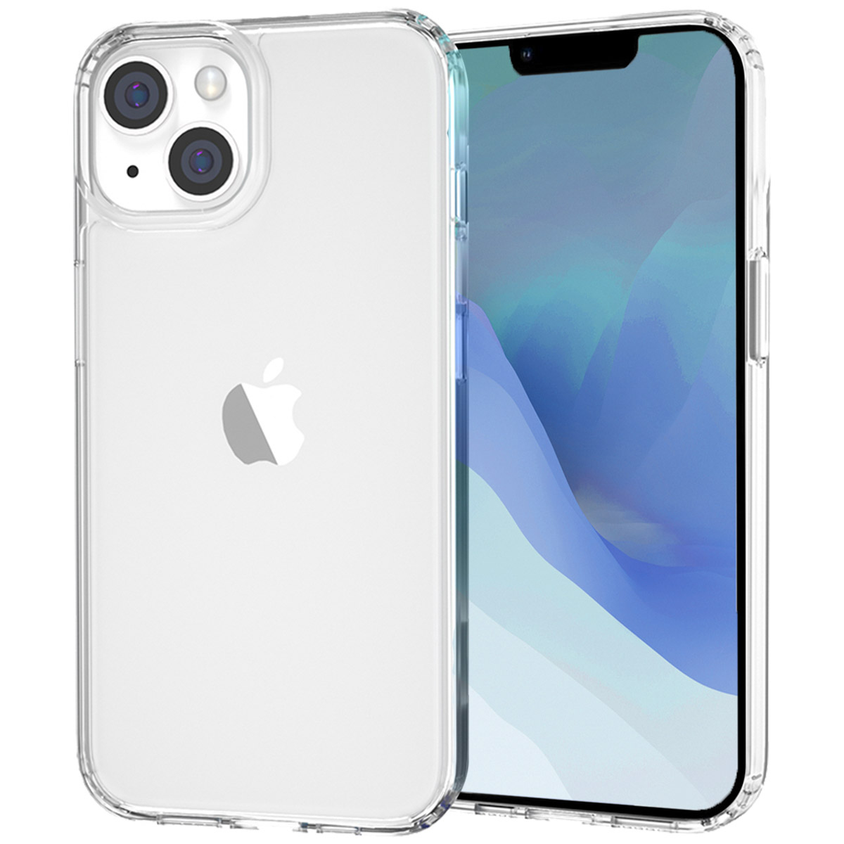 Un iPhone 14 dans une coque transparente. Le téléphone a un logo Apple argenté et deux objectifs d'appareil photo. L'écran affiche un design bleu et blanc.