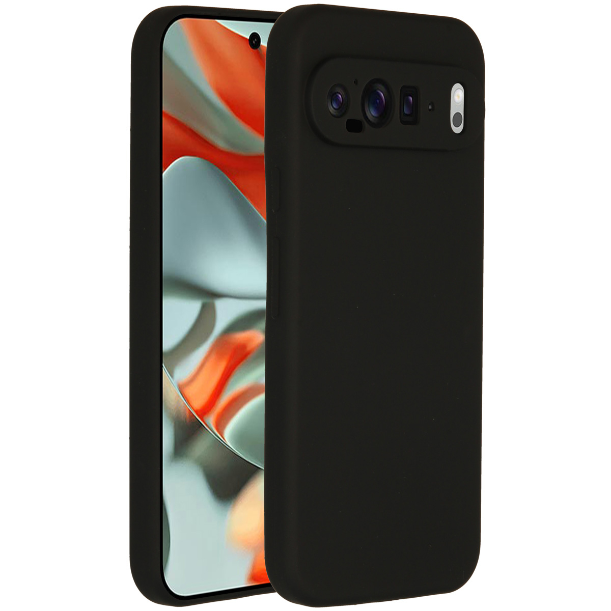 Custodia nera per telefono accanto a un telefono. Lo schermo del telefono mostra un design astratto arancione e bianco.