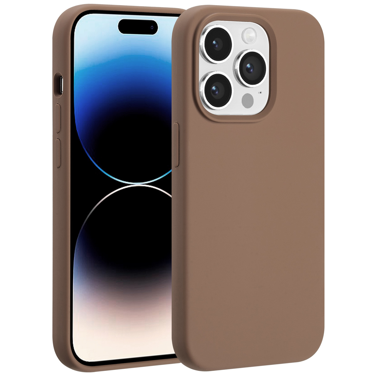 Een bruine telefoonhoes en een telefoon met een zwart scherm worden weergegeven. De hoes heeft uitsparingen voor de camera. Het telefoonscherm is zwart en blauw.
