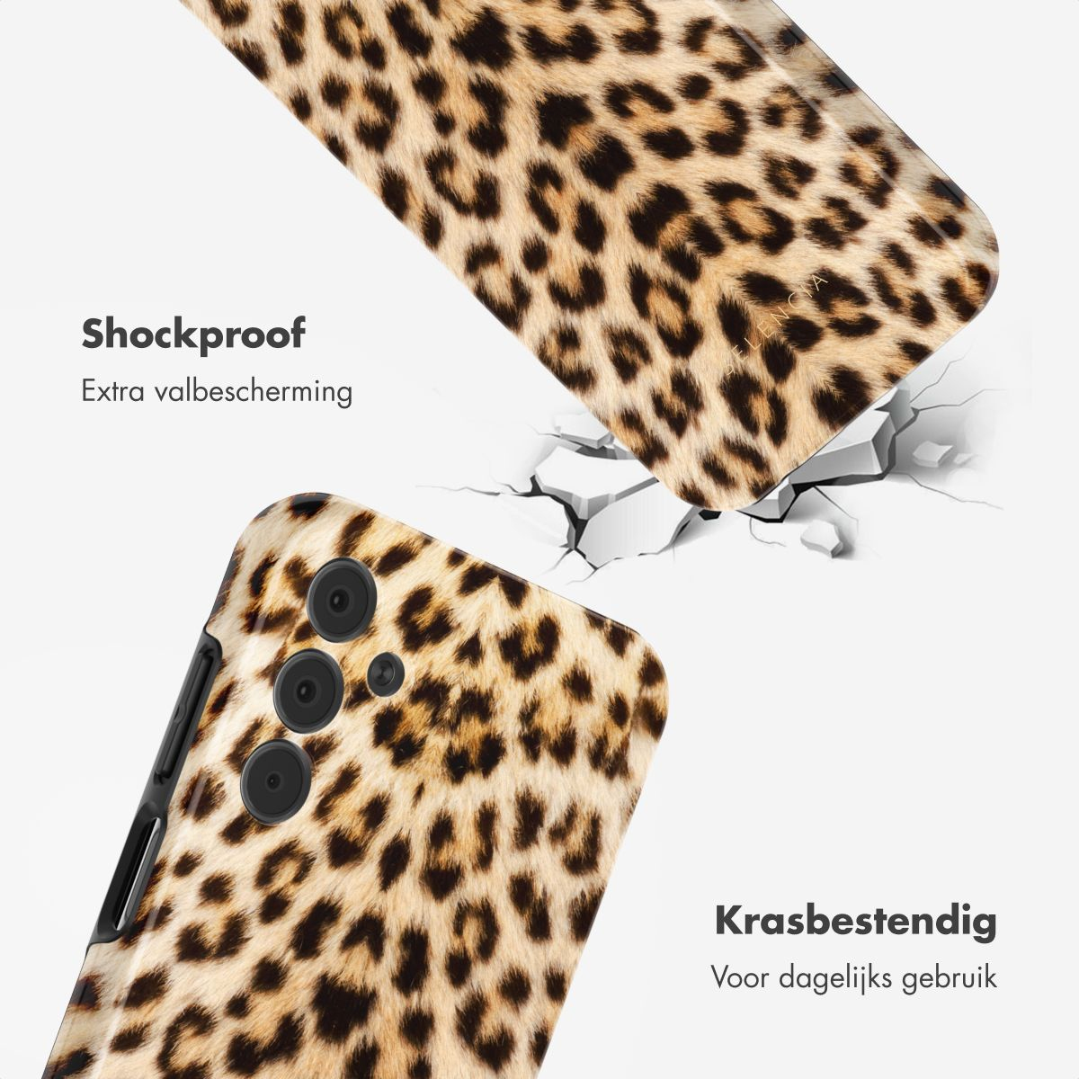 Twee telefoonhoesjes met luipaardprint. Eén is gebarsten. Tekst: Schokbestendig en Krasbestendig.