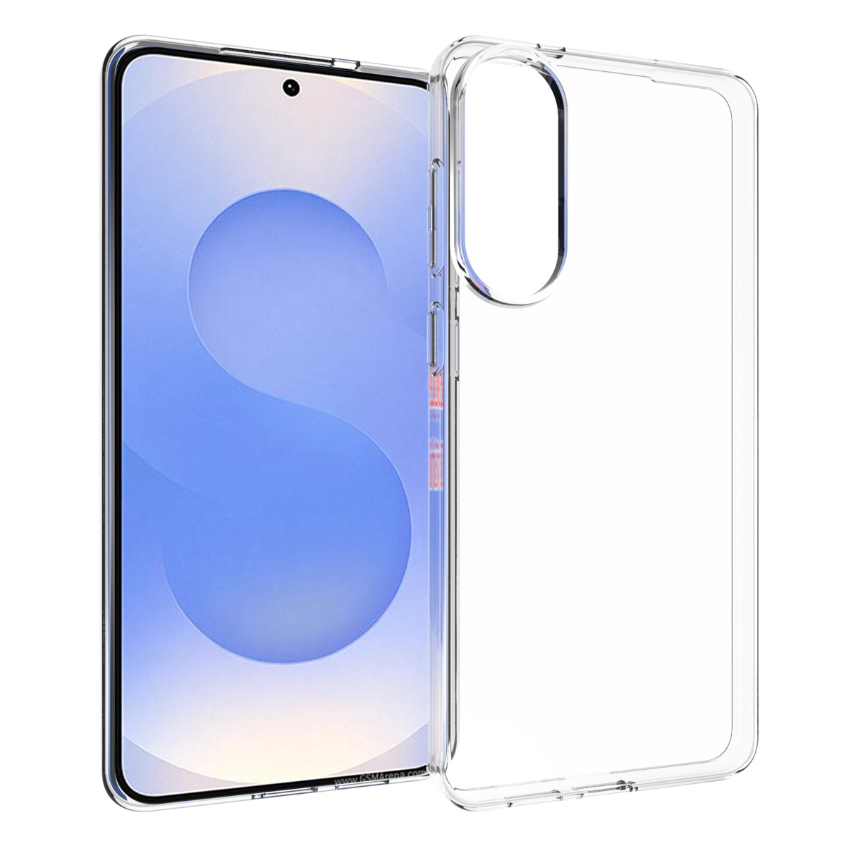 Ein Smartphone in einer durchsichtigen Schutzhülle. Der Bildschirm zeigt ein blau-weißes abstraktes Design. Die Hülle ist transparent.
