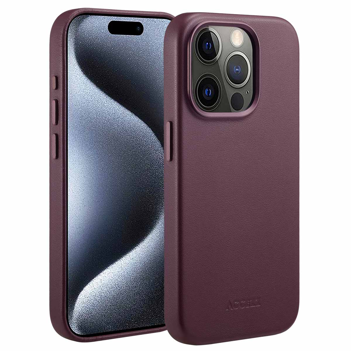Zwei lilafarbene iPhone-Hüllen, eine mit sichtbarem Bildschirm, die andere mit Kamera. Beide haben eine strukturierte Oberfläche.