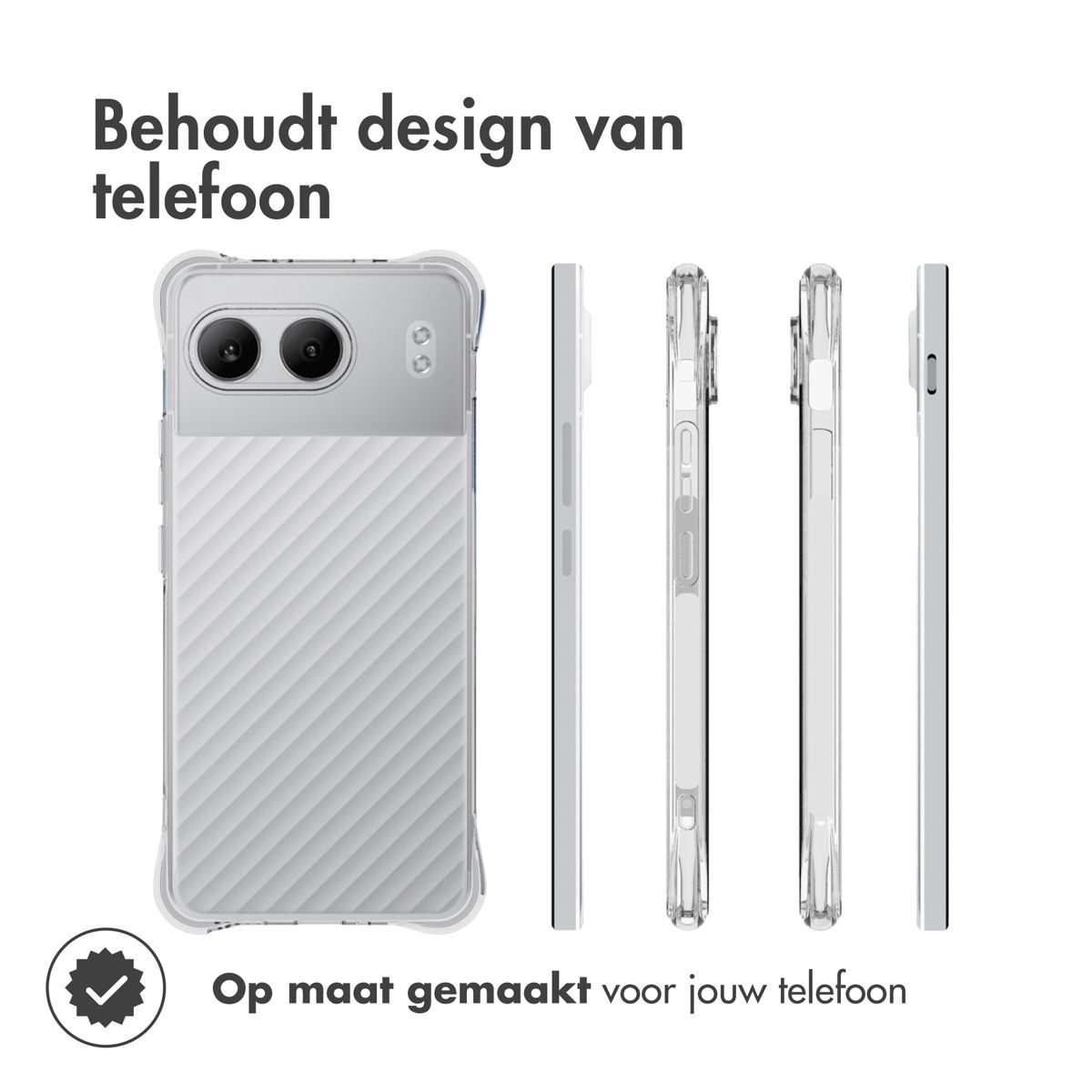 Das Bild zeigt Handyhüllen in verschiedenen Ansichten. Der Text oben lautet 'Behält das Telefondesign.' Der Text unten lautet 'Maßgeschneidert für Ihr Telefon.'
