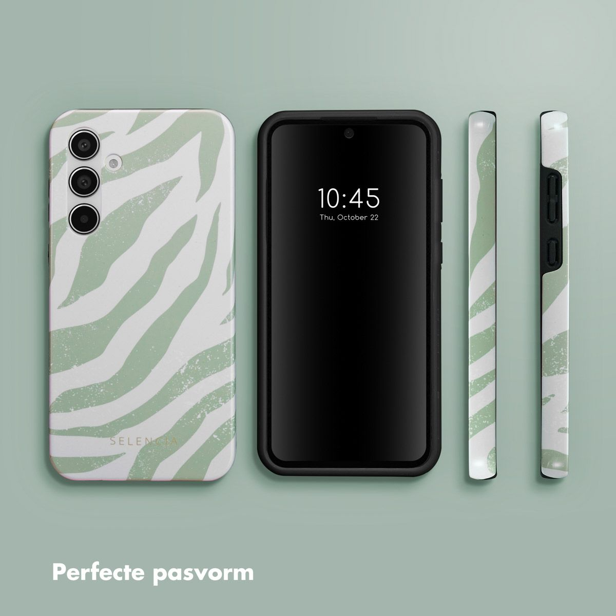 Een telefoonhoesje en telefoon worden weergegeven. De hoes heeft een wit-groene zebraprint. De telefoon toont 10:45 op het scherm.