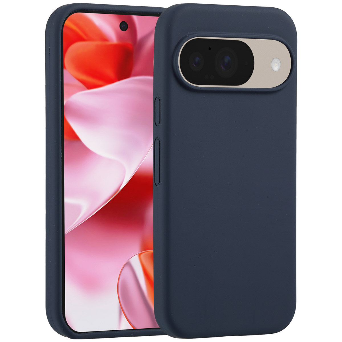 Una custodia blu scuro accanto a un telefono con schermo rosso e rosa. La custodia ha un ritaglio per la fotocamera.