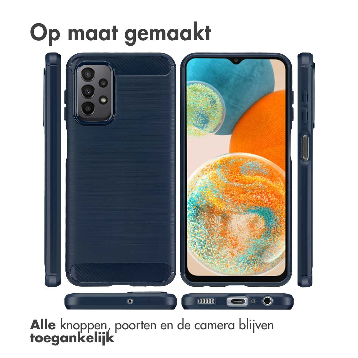 Een telefoonhoesje en een telefoon worden getoond. De hoes is donkerblauw, met een getextureerde achterkant. Het scherm toont een kleurrijk abstract beeld.