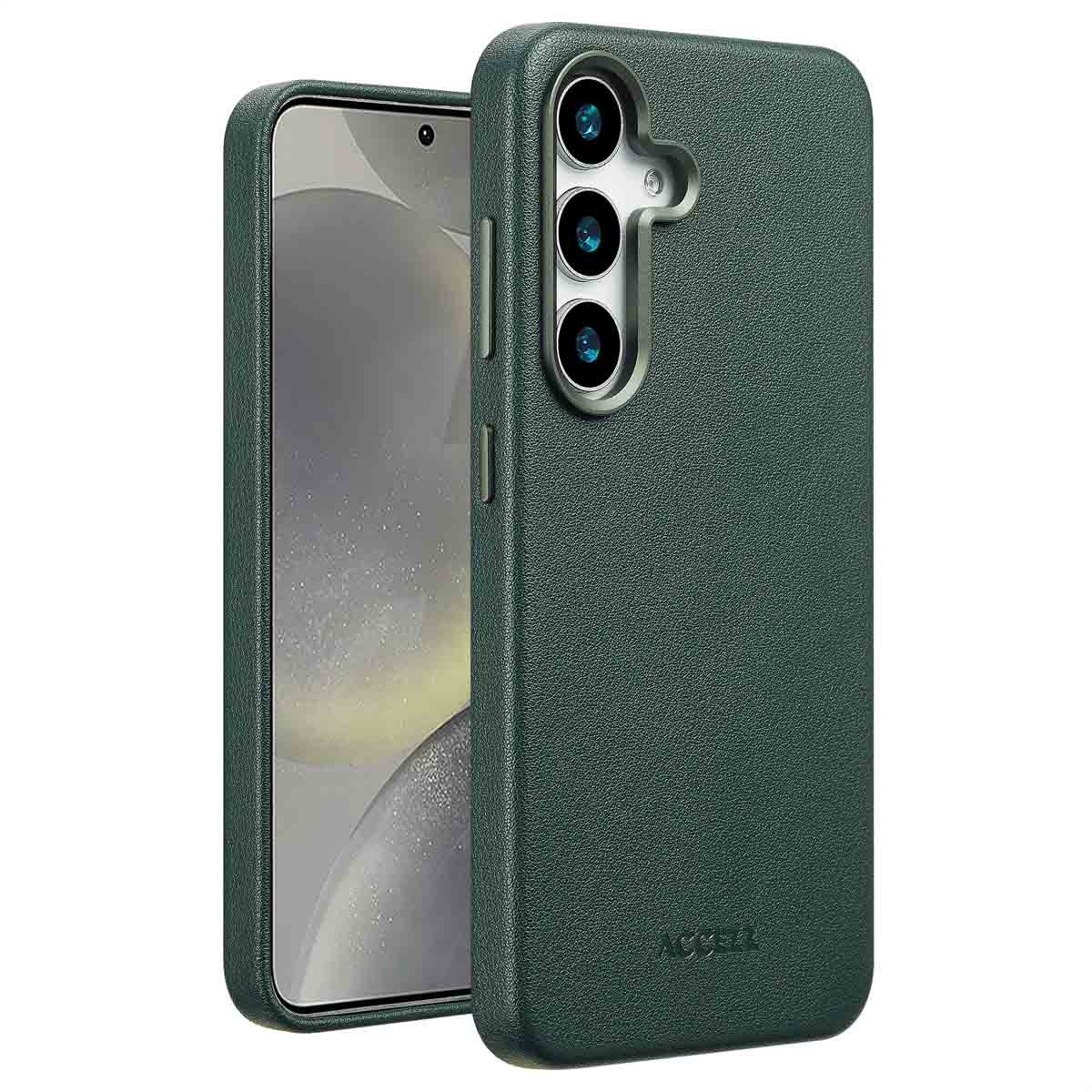 Une coque de téléphone verte avec un téléphone à l'intérieur. La coque a des découpes pour l'appareil photo et une surface texturée. L'écran du téléphone est visible.