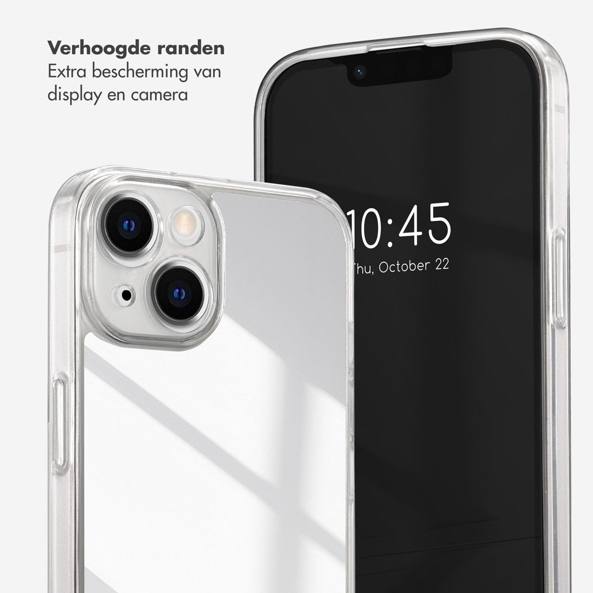 Ein Telefon in einer durchsichtigen Hülle zeigt 10:45 auf dem Bildschirm. Die Hülle schützt Kamera und Display.