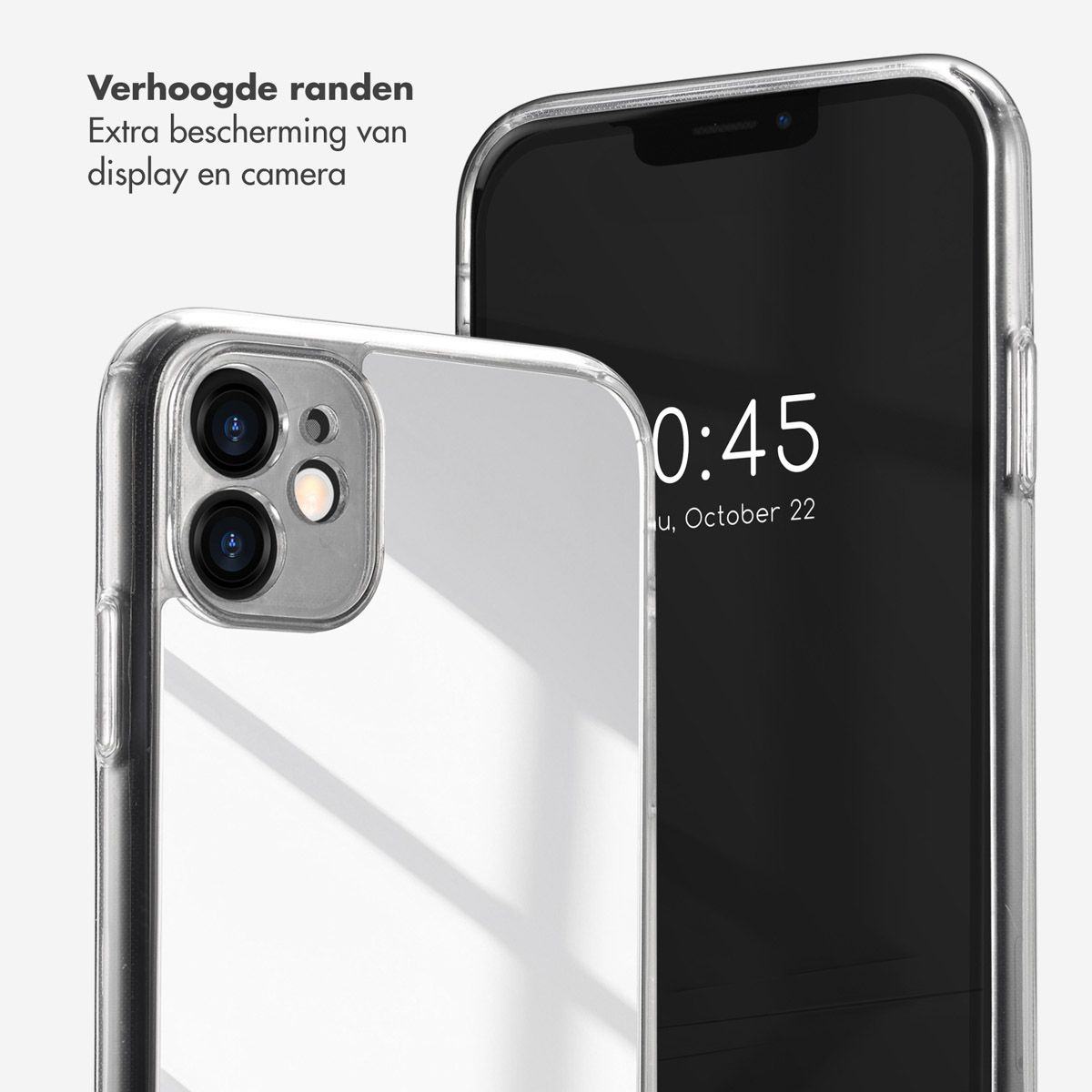 Un téléphone dans une coque transparente avec des bords surélevés. L'écran affiche l'heure 0:45, 22 octobre. Texte: Protection écran et caméra.