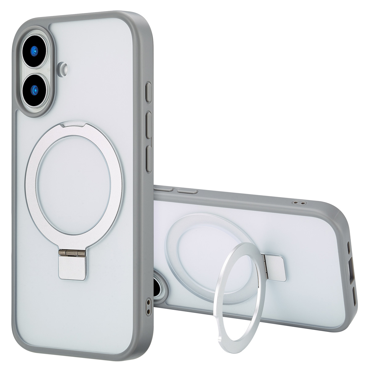 Twee telefoonhoesjes. Eén staand, de andere liggend, beide grijs en helder. Elk heeft een zilveren ringgreep.