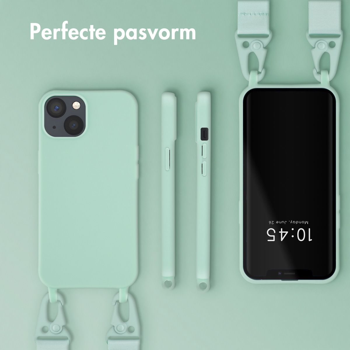 Une coque de téléphone vert menthe avec un téléphone et des accessoires. L'écran du téléphone affiche l'heure. Le fond est vert menthe.