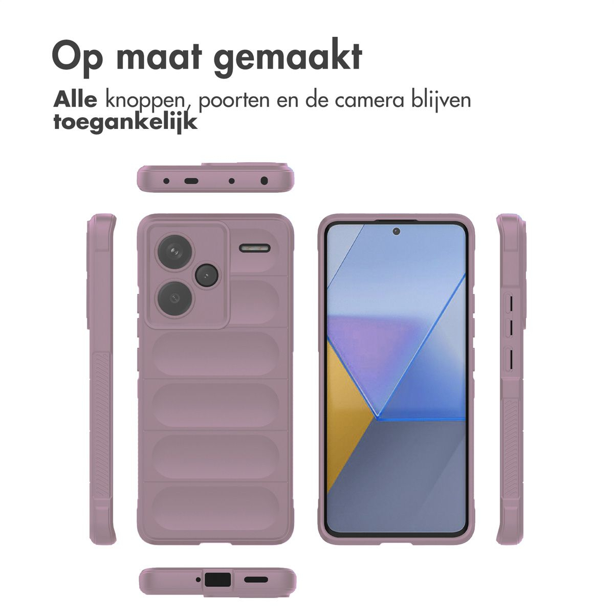 Een telefoonhoesje en een telefoon worden getoond. De hoes is roze-paars. Het telefoonscherm toont een ontwerp met blauw en geel.