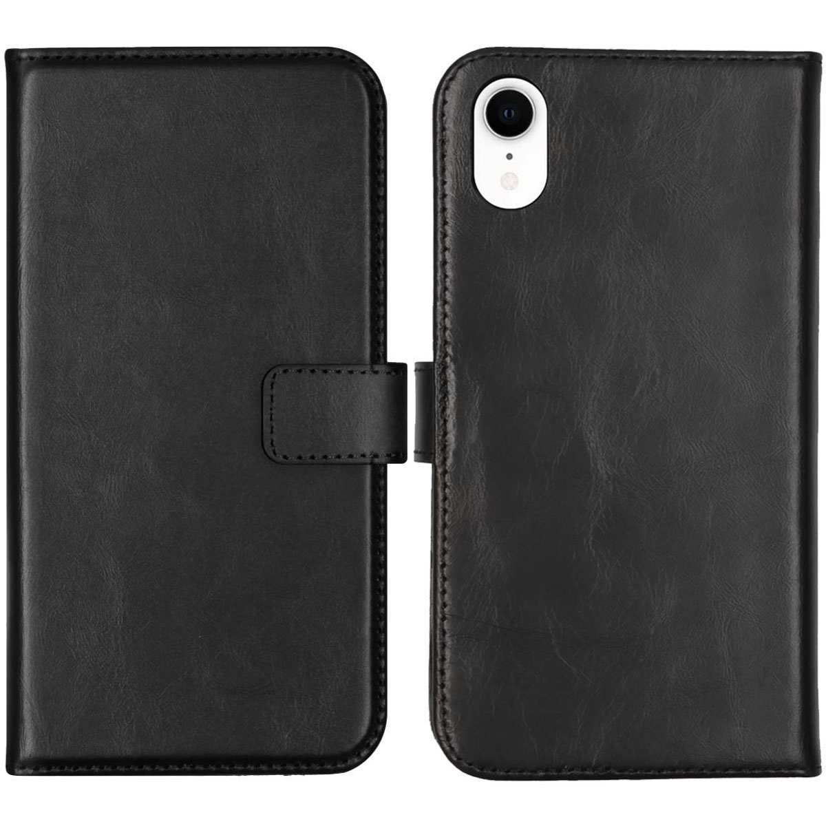 Étui de téléphone en cuir noir, ouvert. Le côté gauche a un rabat avec fermoir. Le côté droit a une découpe pour l'appareil photo.