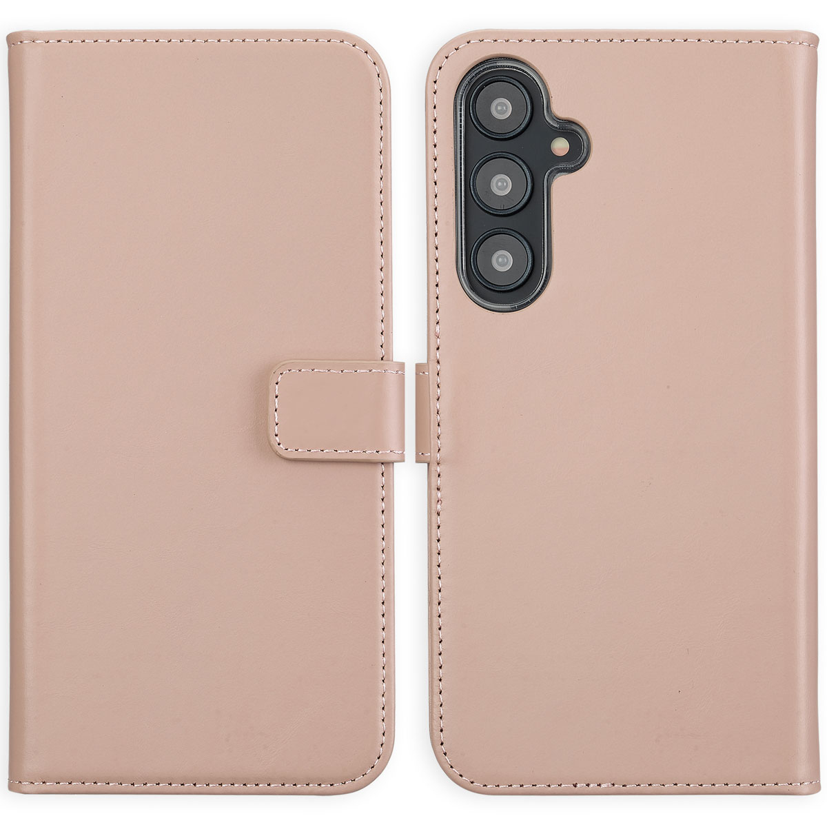 Un étui de téléphone rose clair, ouvert. Il a une fermeture magnétique et des coutures autour des bords. Le dos a trois objectifs d'appareil photo.